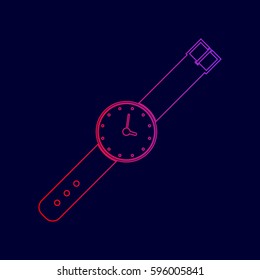 Watch sign illustration. Vector. Line icon with gradient from red to violet colors on dark blue background.
