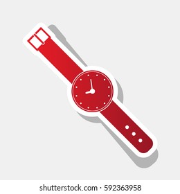 Watch sign illustration. Vector. New year reddish icon with outside stroke and gray shadow on light gray background.