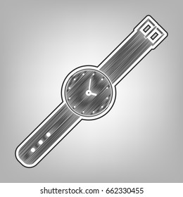 Watch sign illustration. Vector. Pencil sketch imitation. Dark gray scribble icon with dark gray outer contour at gray background.