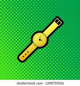 Watch sign illustration. Vector. Pop art orange to yellow dots-gradient icon with black contour at greenish background.