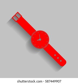 Watch sign illustration. Vector. Red icon with soft shadow on gray background.