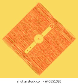 Watch sign illustration. Vector. Red scribble icon obtained as a result of subtraction rhomb and path. Royal yellow background.