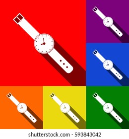 Watch sign illustration. Vector. Set of icons with flat shadows at red, orange, yellow, green, blue and violet background.