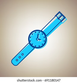 Watch sign illustration. Vector. Sky blue icon with defected blue contour on beige background.