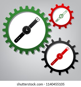 Watch sign illustration. Vector. Three connected gears with icons at grayish background.