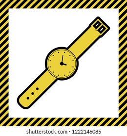Watch sign illustration. Vector. Warm yellow icon with black contour in frame named as under construction at white background. Isolated.