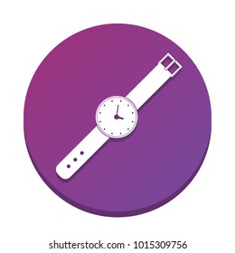 Watch sign illustration. Vector. White icon with flat shadow on purpureus circle at white background. Isolated.