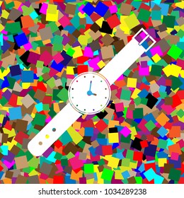 Watch sign illustration. Vector. White icon on colorful background with seamless pattern from squares.