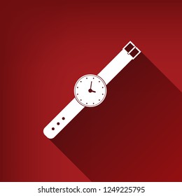 Watch sign illustration. Vector. White icon with limitless shadow at ruby red background.