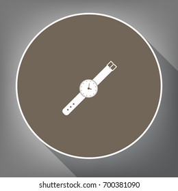 Watch sign illustration. Vector. White icon on brown circle with white contour and long shadow at gray background. Like top view on postament.