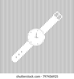 Watch sign illustration. Vector. White icon on grayish striped background. Optical illusion.