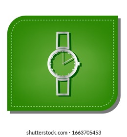 Watch sign. Silver gradient line icon with dark green shadow at ecological patched green leaf. Illustration.