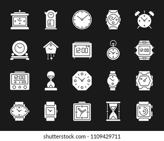 Watch silhouette icons set. Isolated web sign kit of alarm clock. Clock monochrome pictogram collection includes wristwatch, timer, hourglass. Simple white contour symbol. Watch vector Icon shape