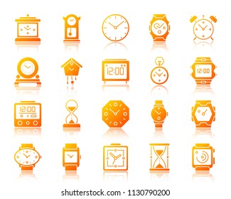 Watch silhouette icons set with reflection. Gold sign kit of alarm clock. Clock vector pictogram collection includes screen, chronometer, timer. Gradient contour simple watch icon isolated on white