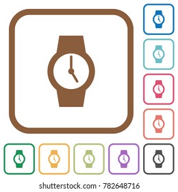 Watch simple icons in color rounded square frames on white background