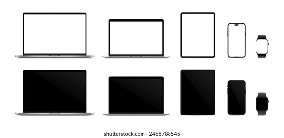 Reloj, smartphone, tableta, ordenador portátil y monitor de pc. Conjunto de dispositivos realista.