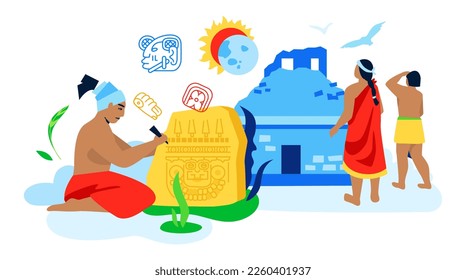 Watch a solar eclipse - modern colored vector illustration on white background with people who saw the miracle of nature and captured it on a stone tablet. Creator and peasants, tribe life idea