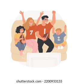 Watch a sports game isolated cartoon vector illustration. Family leisure time, kids and parents wear sport jerseys, sitting on a sofa in front of TV, watching favorite team game vector cartoon.