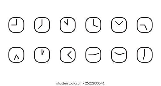 Reloj cuadrado delineado negro ilustraciones conjunto de colección aislado para UI. Iconos del vector en estilo plano