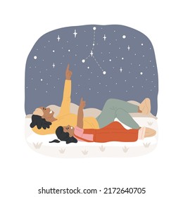 Observar las estrellas aisladas ilustraciones vectoriales de dibujos animados. Familia feliz tendida en el suelo, ver el cielo nocturno, niños apuntando hacia arriba, reconocer constelación, dibujos vectores de vacaciones de verano.