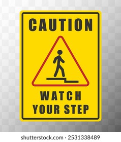 Watch Step Down caution icon symbol. Stairway warning sign. Isolated on background.