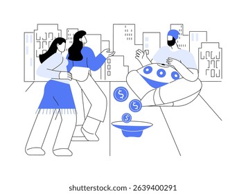 Watch street performance isolated cartoon vector illustrations. Tourists listen to the performance of a street musician and give him money, city trip, cultural experience vector cartoon.