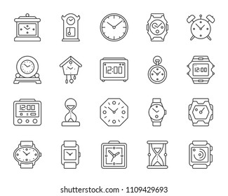 Watch thin line icons set. Outline sign kit of alarm clock. Clock linear icon collection includes stop watch, sand glass, dial. Simple watch black contour symbol isolated on white. Vector Illustration