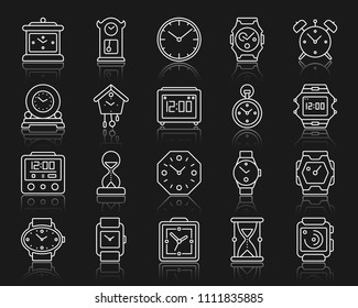 Watch thin line icons set. Outline web sign kit of alarm clock. Clock linear icon collection includes sand glass, timer, cuckoo clock. Simple watch contour symbol with reflection. Vector Illustration