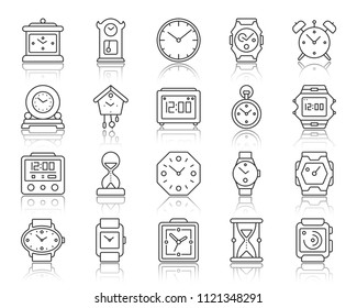 Watch thin line icons set. Outline sign kit of alarm clock. Clock linear icon collection includes stopwatch, cuckoo clock, reminder. Simple timer black symbol with reflection vector Illustration