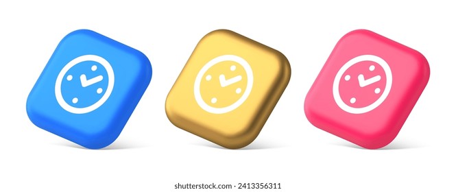 Watch time control button alarm clock deadline checking web app design 3d realistic blue gold and pink icons. Timer navigation panel cyberspace reminder hours minute arrow