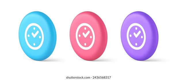 Watch time control button alarm clock deadline checking web app design 3d realistic blue pink and purple icons. Timer navigation panel cyberspace reminder hours minute arrow