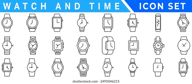 Watch and time wrist vector outline set icon. Isolated outline set icon wristwatch. Vector illustration clock on white background