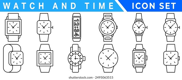 Watch and time wrist vector outline set icon. Isolated outline set icon wristwatch. Vector illustration clock on white background