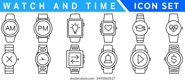 Watch and time wrist vector outline set icon. Isolated outline set icon wristwatch. Vector illustration clock on white background