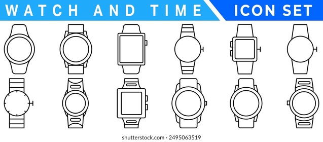 Watch and time wrist vector outline set icon. Isolated outline set icon wristwatch. Vector illustration clock on white background