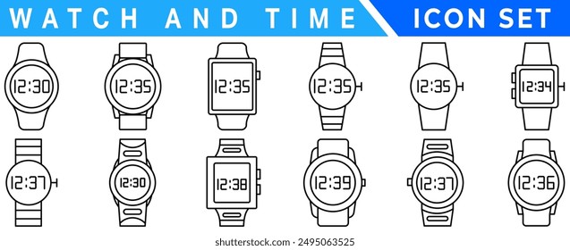 Watch and time wrist vector outline set icon. Isolated outline set icon wristwatch. Vector illustration clock on white background