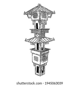 Watch tower, Eastern Han Dynasty. Chinese watchtower. China ancient traditional architecture landmark. Vector.