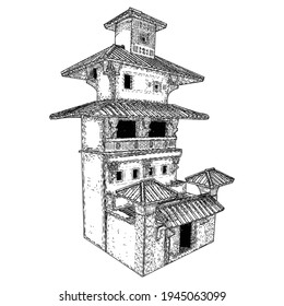 Watch tower, Eastern Han Dynasty. Chinese watchtower. China ancient traditional architecture landmark. Vector.