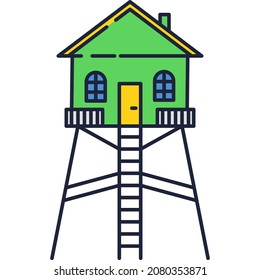 Watch tower icon. Observation building vector. Military guard watchtower logo. Security post stand sign. Wooden firewatch forest house