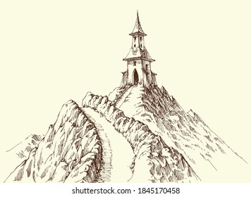 Watch tower on mountain peak hand drawing