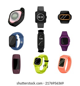 watch tracker set cartoon. smart sport, smartwatch fithess health, heart pulse workout, run app watch tracker vector illustration
