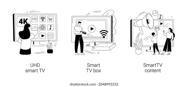 Watch TV abstract concept vector illustration set. UHD smart TV, smart TV box, 4k video content, home entertainment movie theatre, online video service, leisure time, television abstract metaphor.