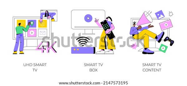 Watch TV abstract concept vector illustration\
set. UHD smart TV, smart TV box, 4k video content, home\
entertainment movie theatre, online video service, leisure time,\
television abstract\
metaphor.