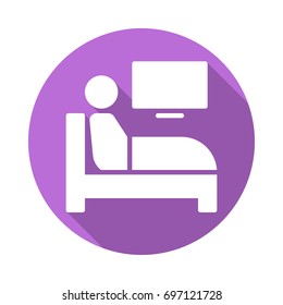 Watch tv in bed flat icon. Round colorful button, circular vector sign with long shadow effect. Flat style design