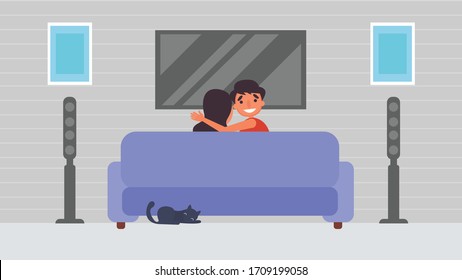 Watch tv listen to music Lover hobbies activities couples spend together on summer,holidays,Time with loved ones Happiness No place like home concept,Colorful vector illustration in flat cartoon style