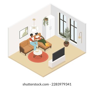 Watch TV in the living room - vector colorful isometric illustration. The guy and the girl are sitting on the couch, eating popcorn and watching a movie. Family vacation at home, happy together idea