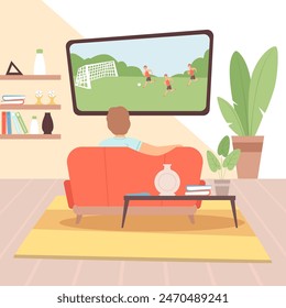 Watch tv men spend relax time on red sofa sitting and watching football