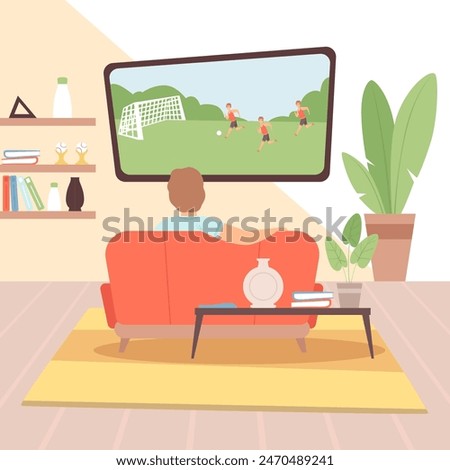 Watch tv men spend relax time on red sofa sitting and watching football