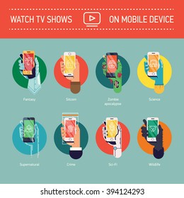 Watch TV Shows on mobile device vector web icons set. Popular television series types and genres allegorical figurative illustrations with various hands holding mobile smart phone device