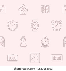 Watch - Vector background (seamless pattern) of watch, stopwatch, hourglass, timer, wristwatch, calendar for graphic design